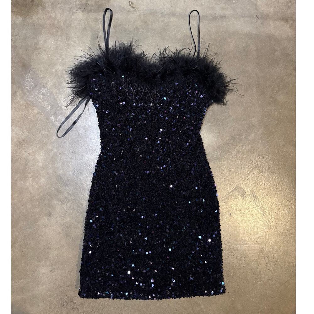 Y2k B Darlin Sequin Fur Trimmed Mini Dress Women Sz 7/8